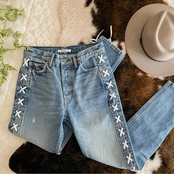 GRLFRND Blue Jeans with White Lace-Up Detail - Picture 2 of 4